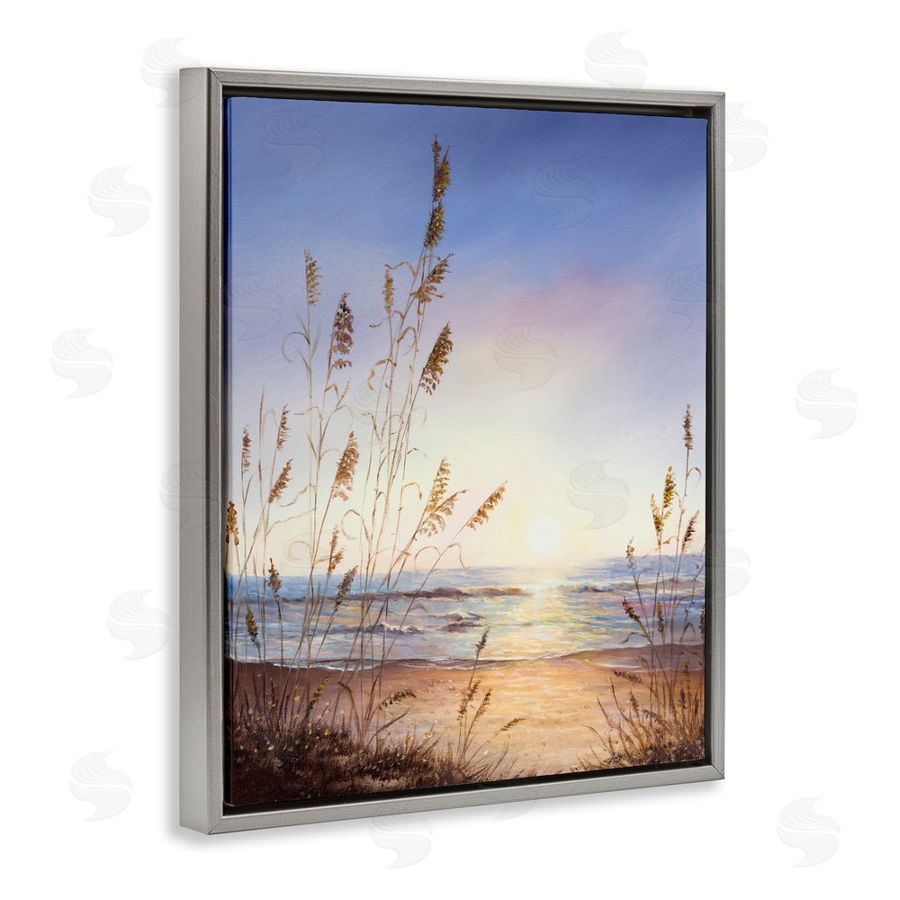 Michelle Faber Seascape with Sunlit Grasses Gray Floating Frame Canvas Wall Art Print