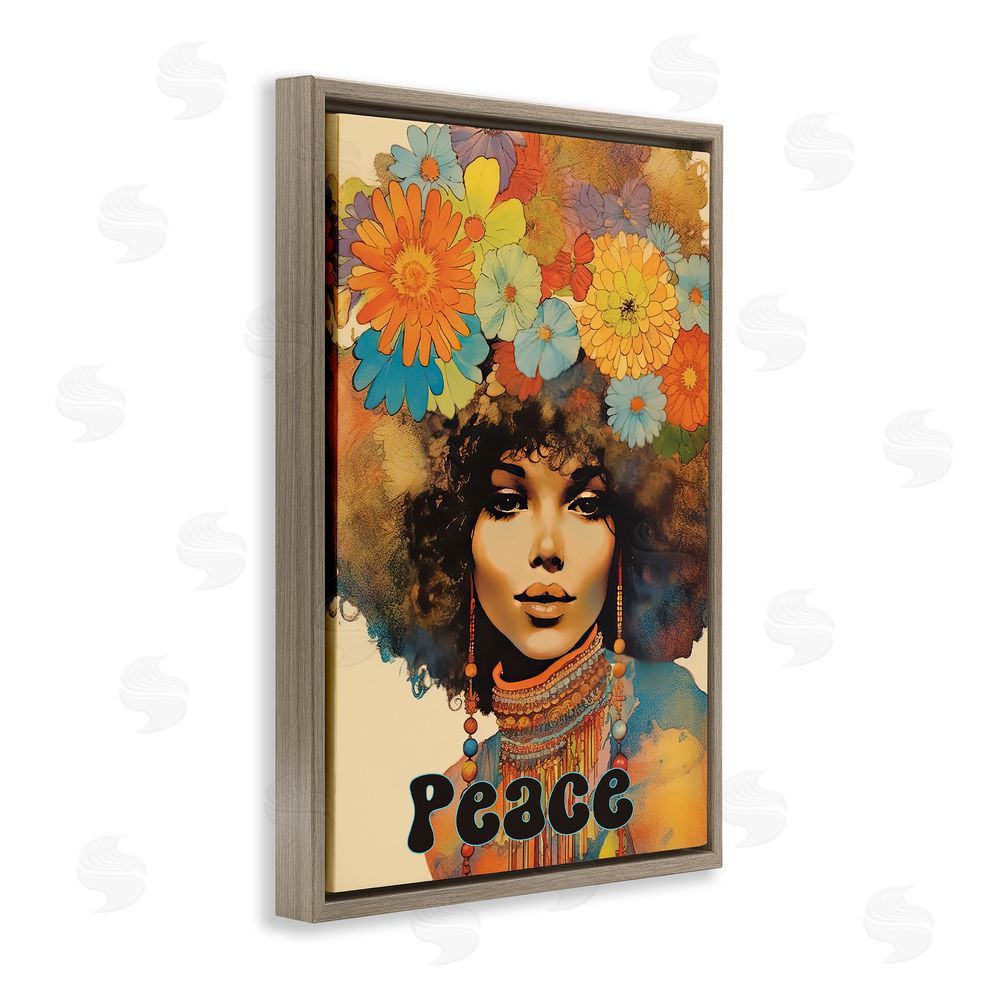 Sasha Peace Groovy Afro Girl Brown Floating Frame Canvas Wall Art Print