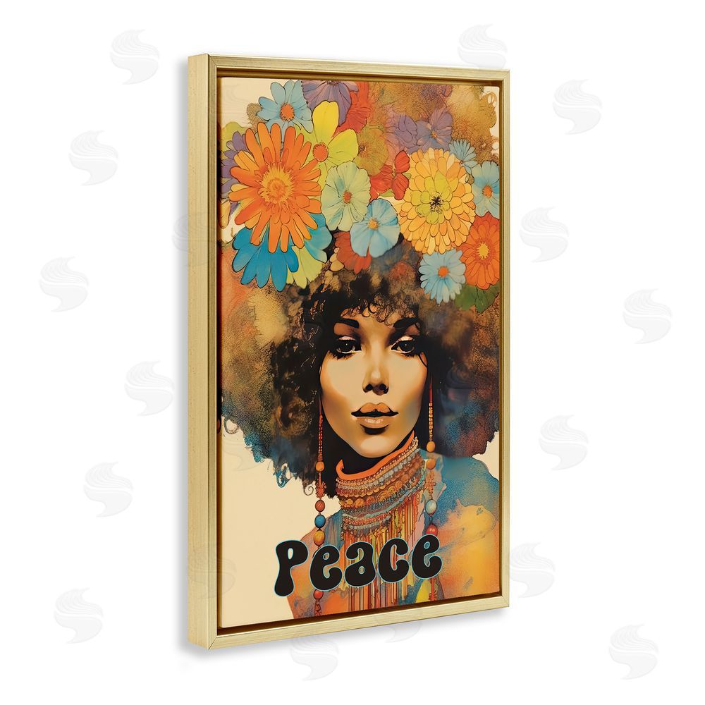 Sasha Peace Groovy Afro Girl Gold Floating Frame Canvas Wall Art Print