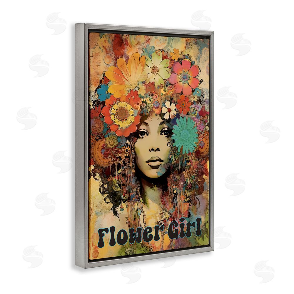 Sasha Bohemian Flower Girl Gray Floating Frame Canvas Wall Art Print