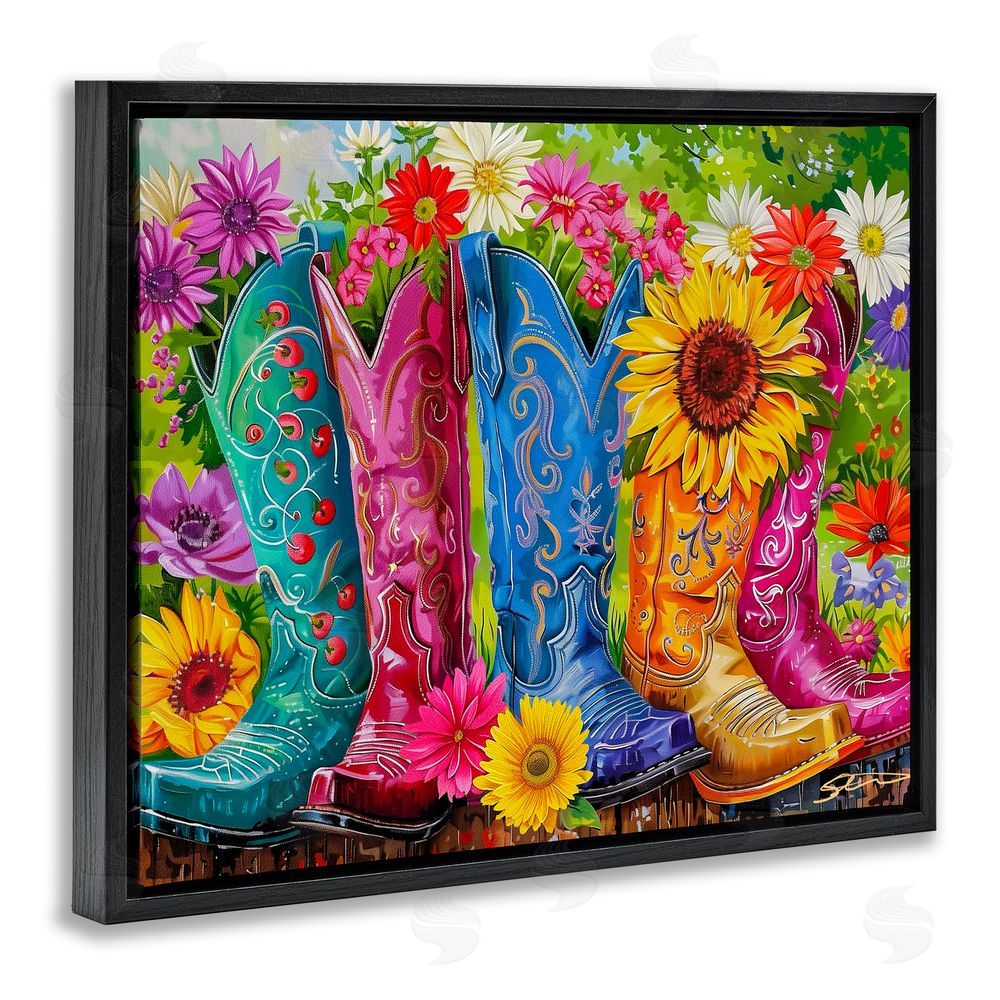 Shawna Stewart Cowboy Boots and Sunflowers Black Floating Frame Canvas Wall Art Print