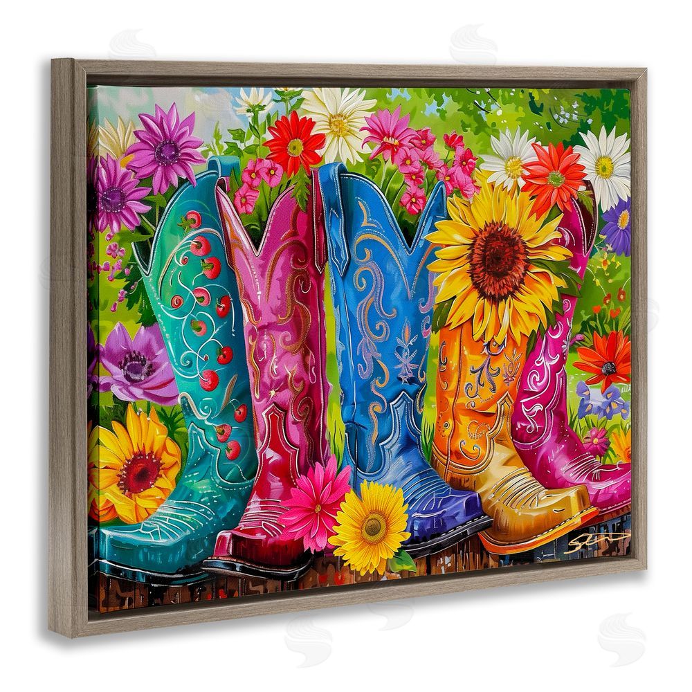 Shawna Stewart Cowboy Boots and Sunflowers Brown Floating Frame Canvas Wall Art Print