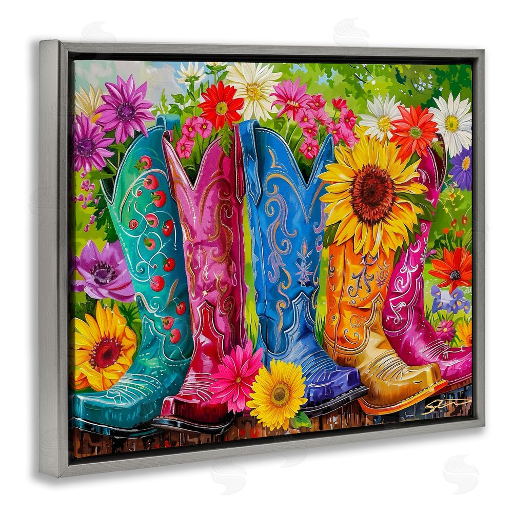 Shawna Stewart Cowboy Boots and Sunflowers Gray Floating Frame Canvas Wall Art Print