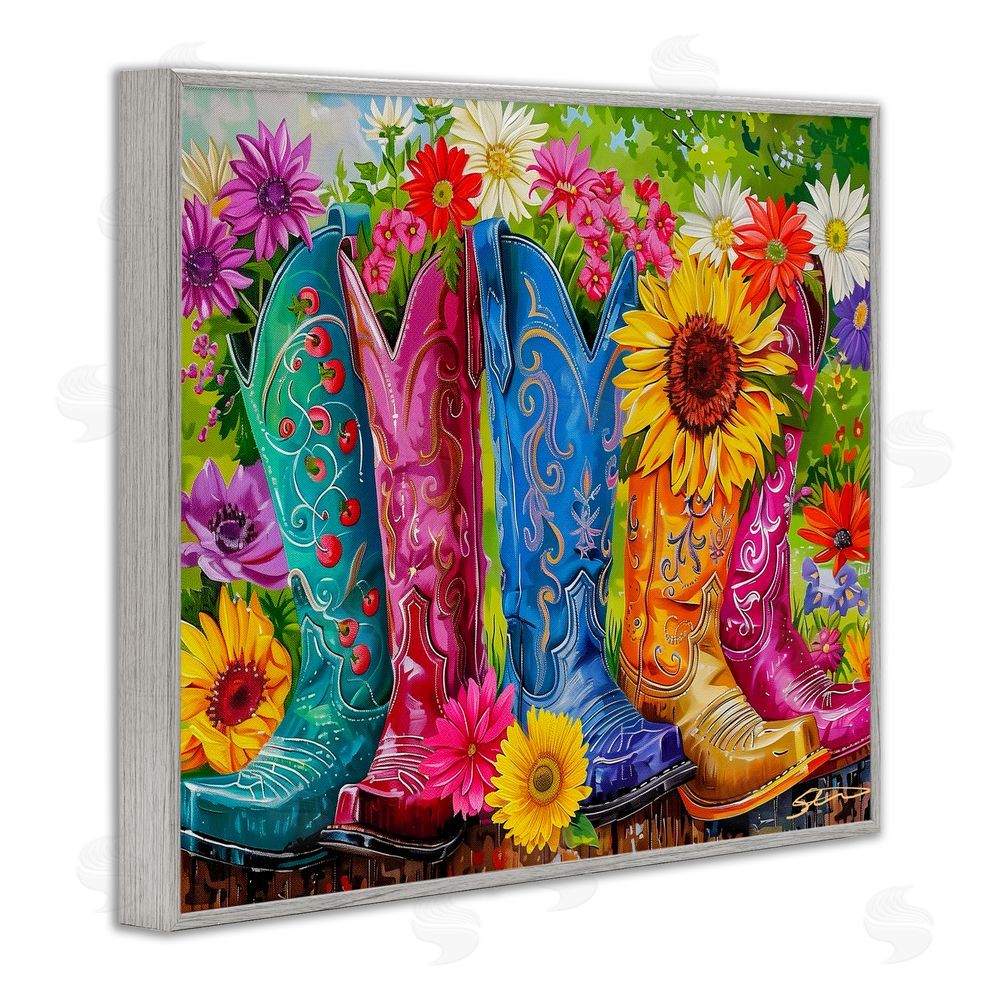 Shawna Stewart Cowboy Boots and Sunflowers Gray Framed Giclee Print Wall Art