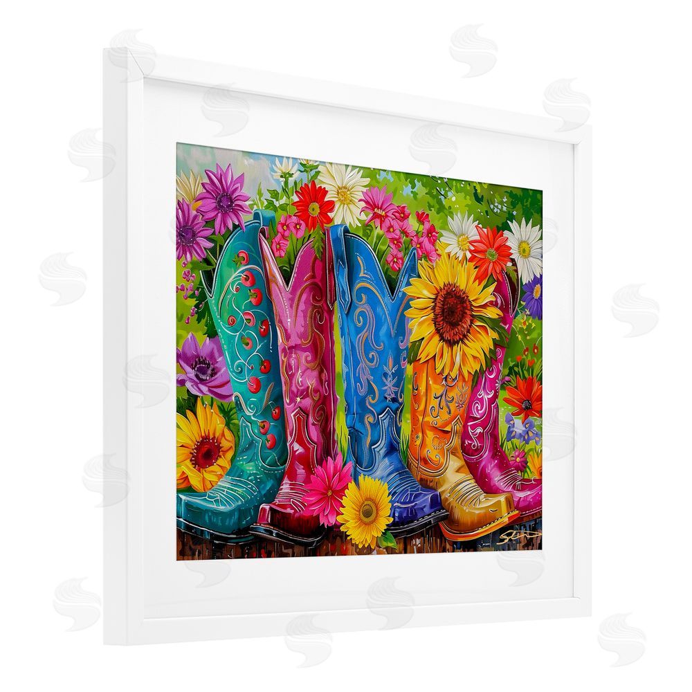 Shawna Stewart Cowboy Boots and Sunflowers White Framed Print Under Glass Wall Art