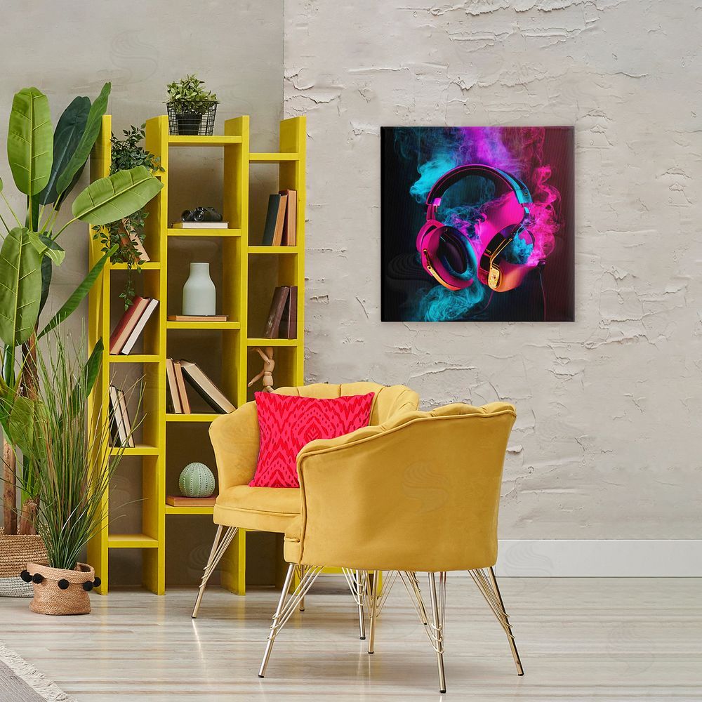 Sasha Power Play Pink & Blue Headphones Stretched Canvas Wall Art Print in Room
