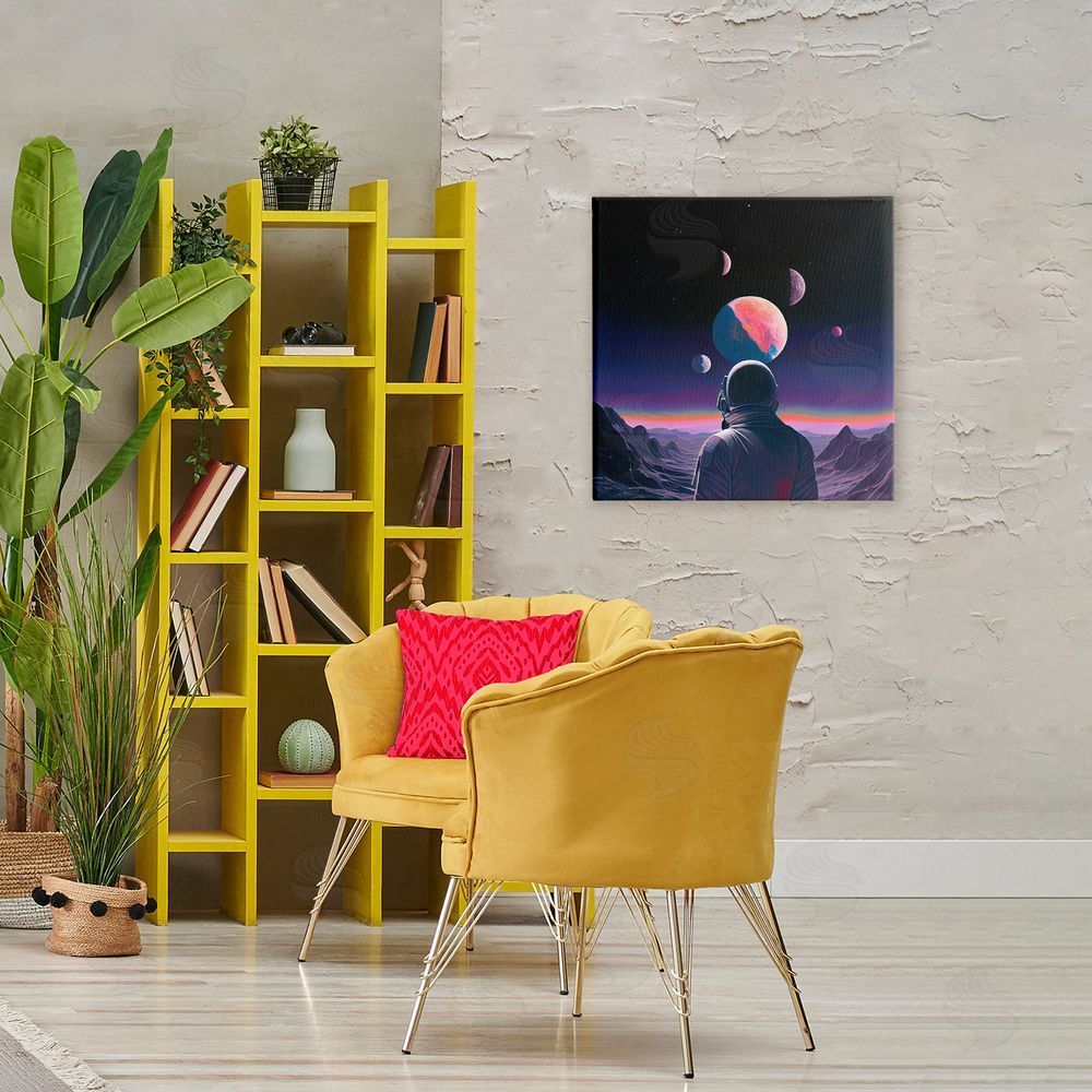 Sasha Astronaut & Purple Toned Terrain Stretched Canvas Wall Art Print in Room