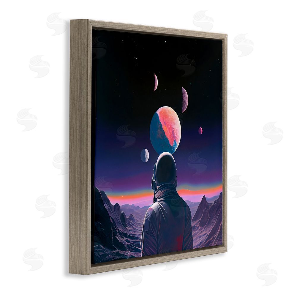 Sasha Astronaut & Purple Toned Terrain Brown Floating Frame Canvas Wall Art Print