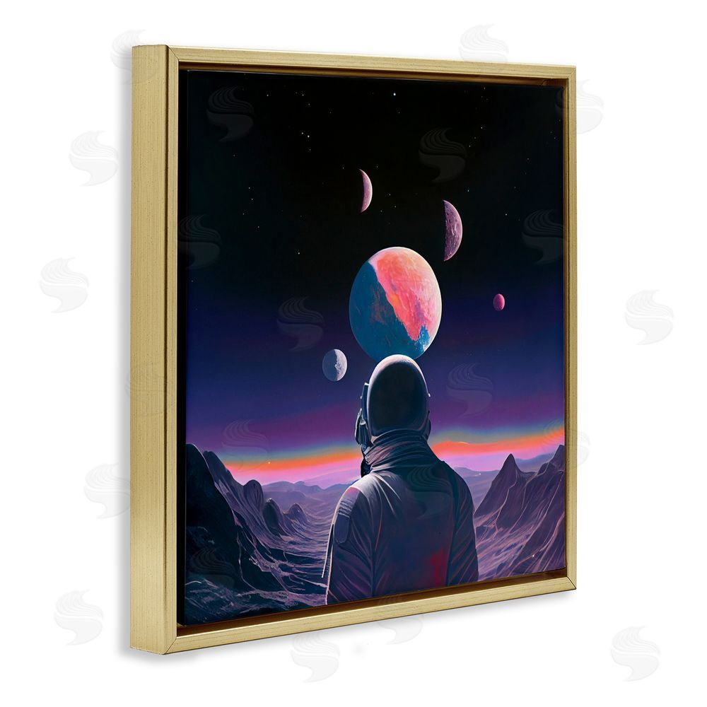 Sasha Astronaut & Purple Toned Terrain Gold Floating Frame Canvas Wall Art Print