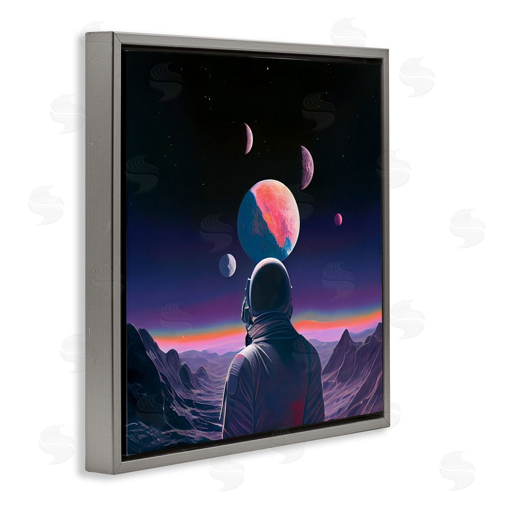 Sasha Astronaut & Purple Toned Terrain Gray Floating Frame Canvas Wall Art Print
