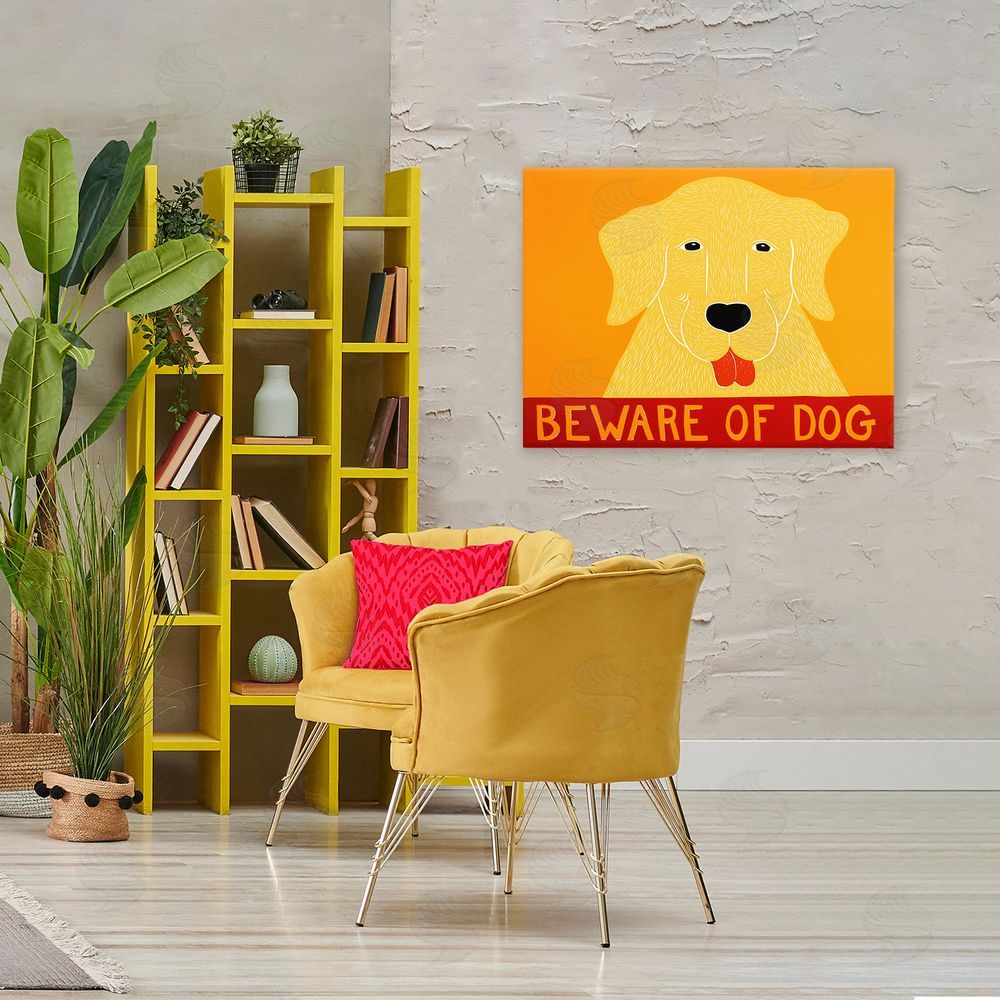 Stephen Huneck Beware Of Dog Yellow & Red Stretched Canvas Wall Art Print in Room