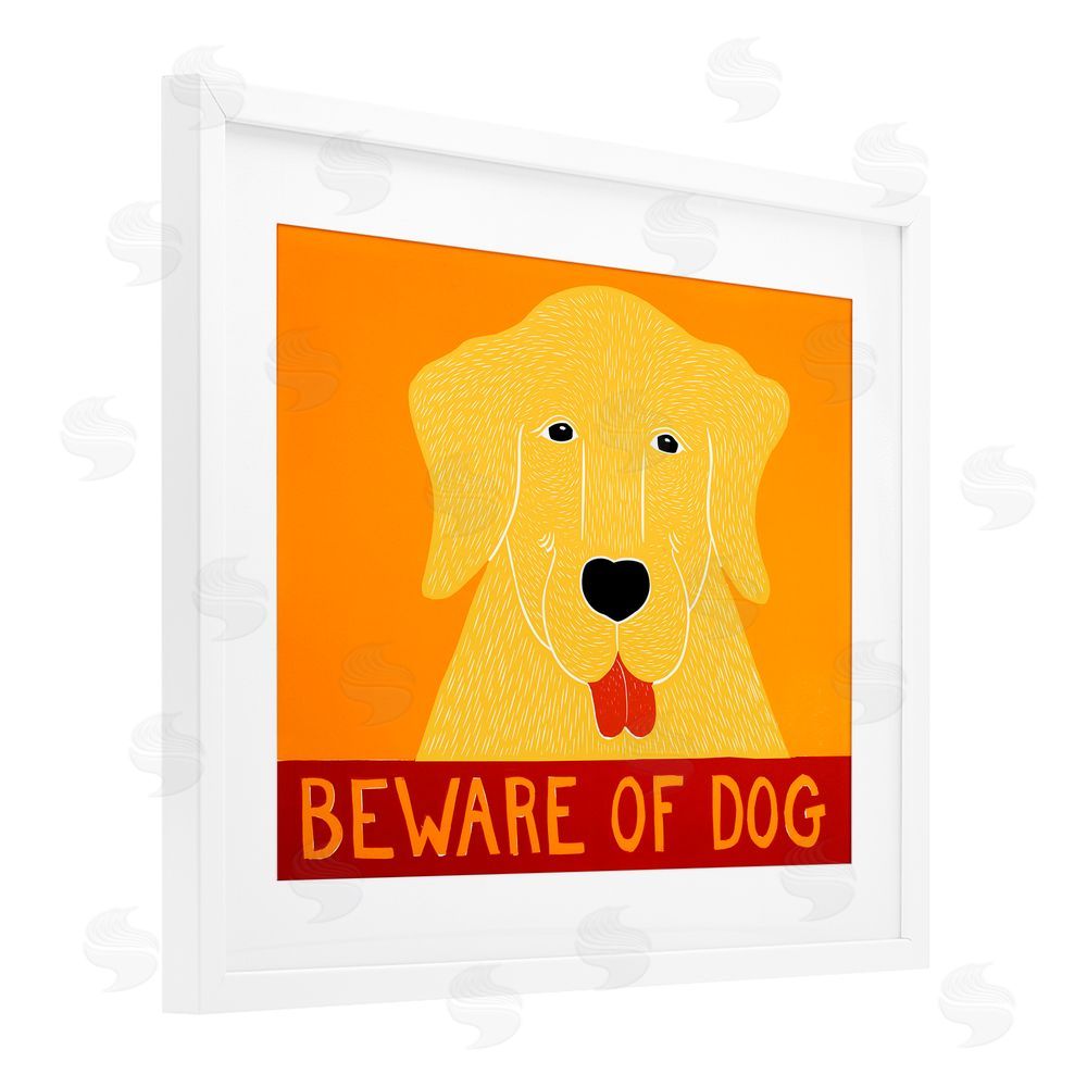 Stephen Huneck Beware Of Dog Yellow & Red White Framed Print Under Glass Wall Art