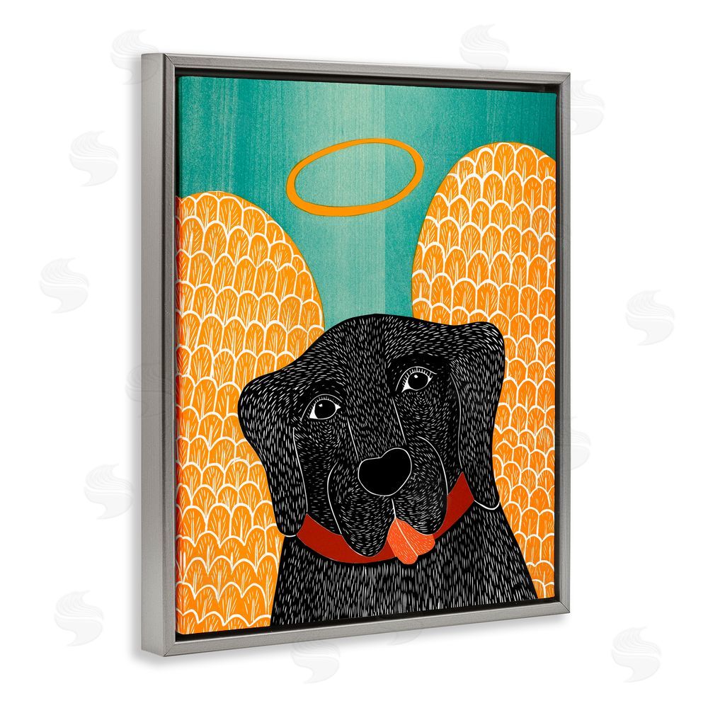 Stephen Huneck Dog Angel with Yellow Wings Gray Floating Frame Canvas Wall Art Print