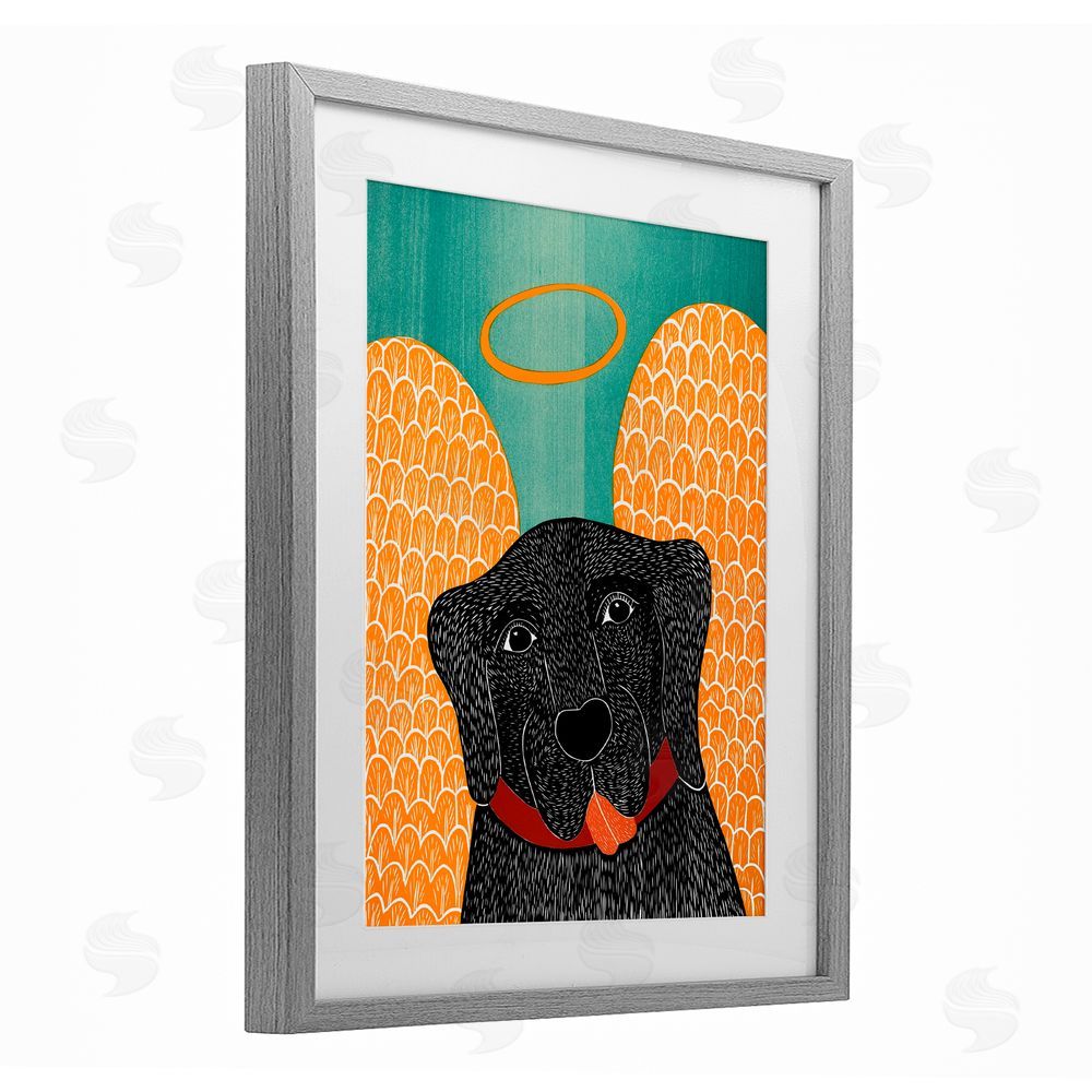 Stephen Huneck Dog Angel with Yellow Wings Gray Framed Print Under Glass Wall Art