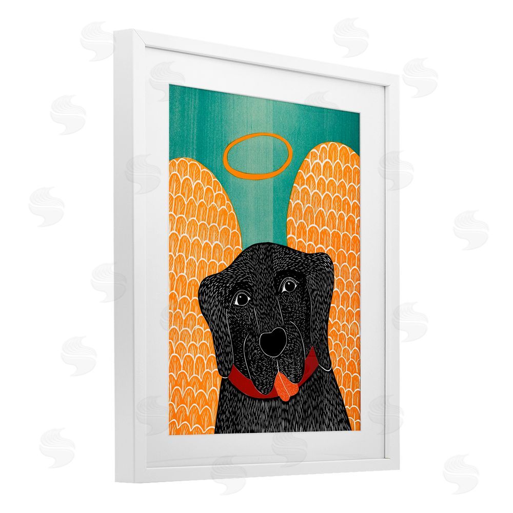 Stephen Huneck Dog Angel with Yellow Wings White Framed Print Under Glass Wall Art