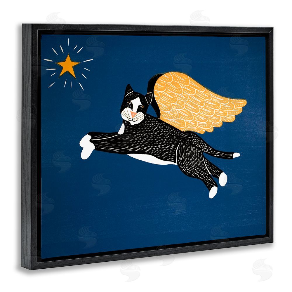 Stephen Huneck Angel Cat with Star Black Floating Frame Canvas Wall Art Print