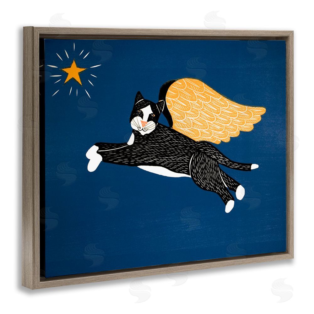 Stephen Huneck Angel Cat with Star Brown Floating Frame Canvas Wall Art Print