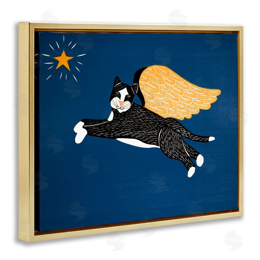 Stephen Huneck Angel Cat with Star Gold Floating Frame Canvas Wall Art Print