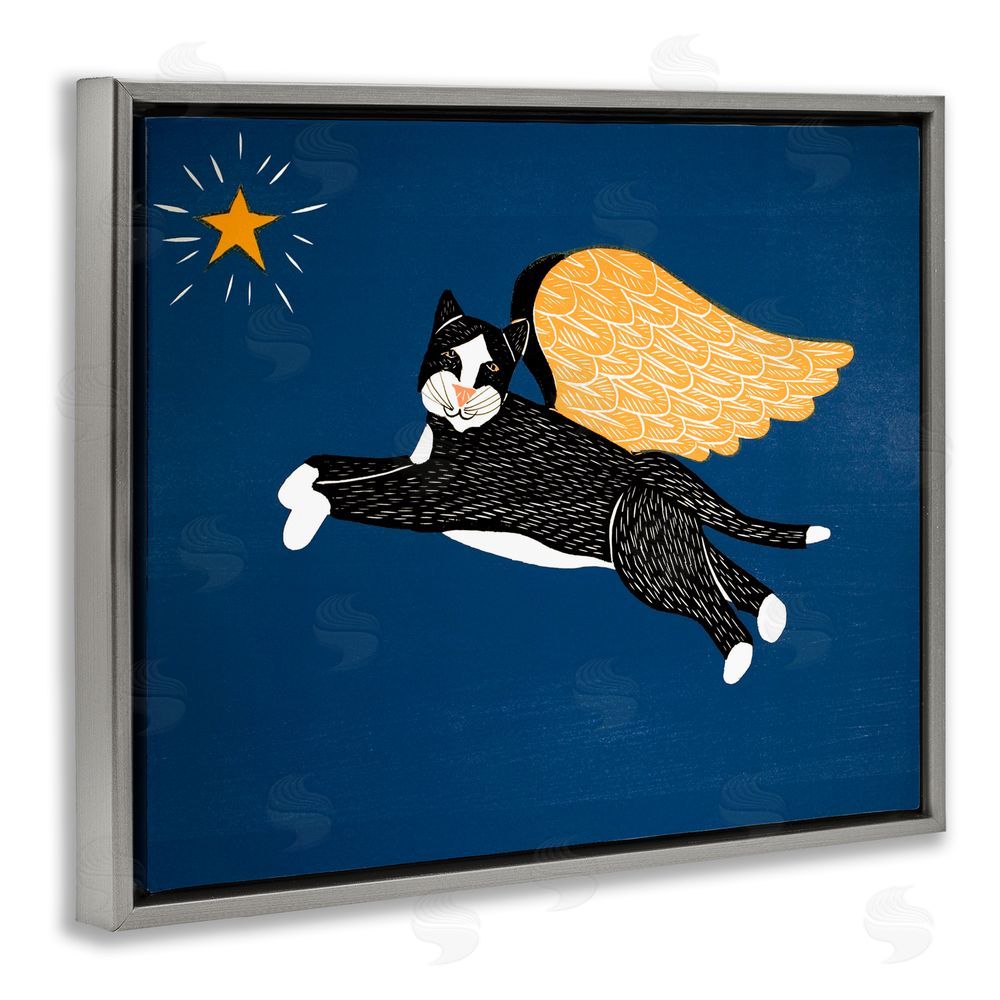 Stephen Huneck Angel Cat with Star Gray Floating Frame Canvas Wall Art Print