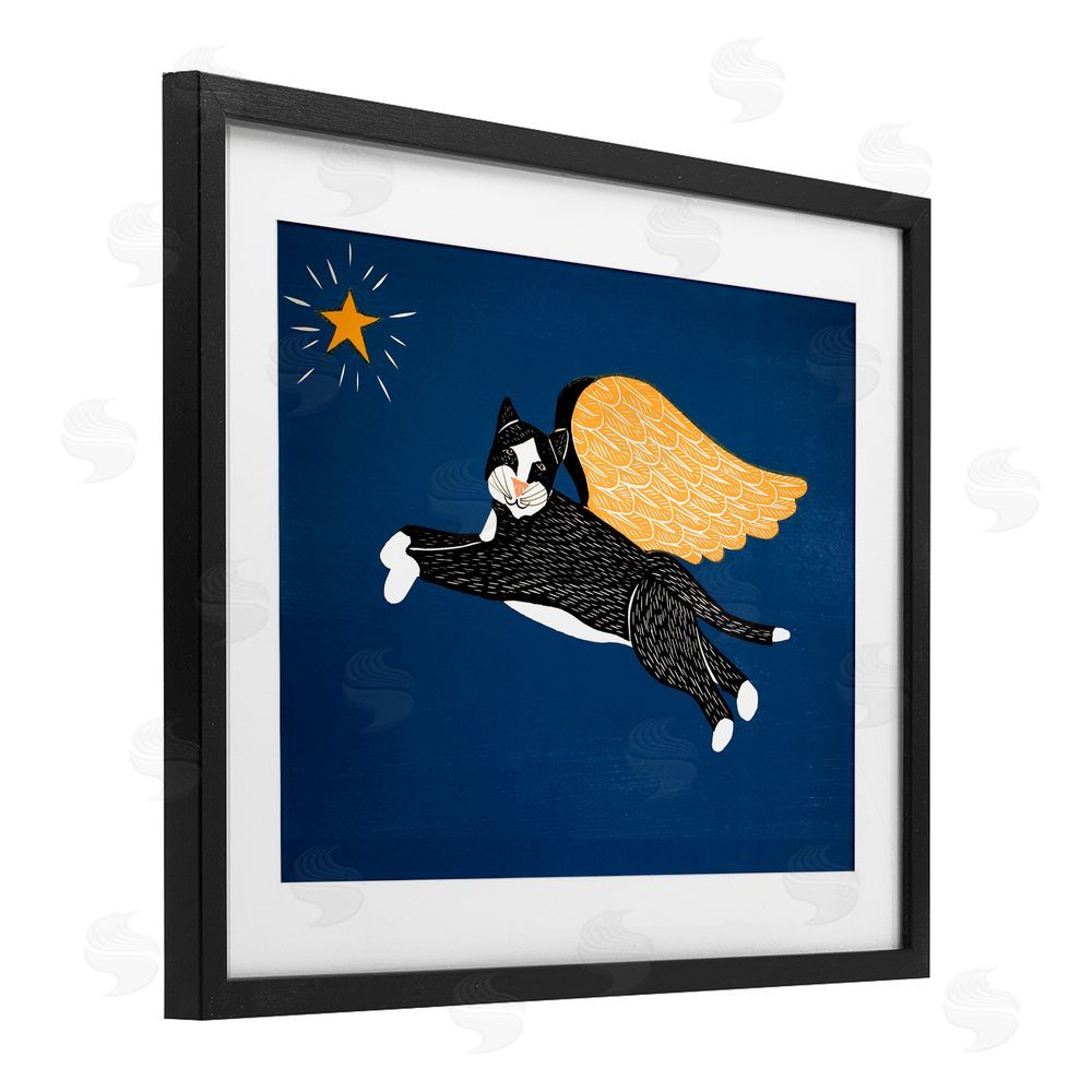 Stephen Huneck Angel Cat with Star Black Framed Print Under Glass Wall Art