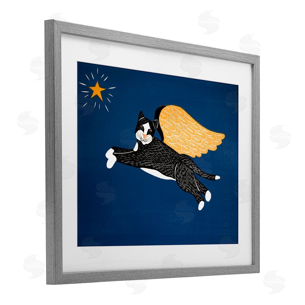 Stephen Huneck Angel Cat with Star Gray Framed Print Under Glass Wall Art