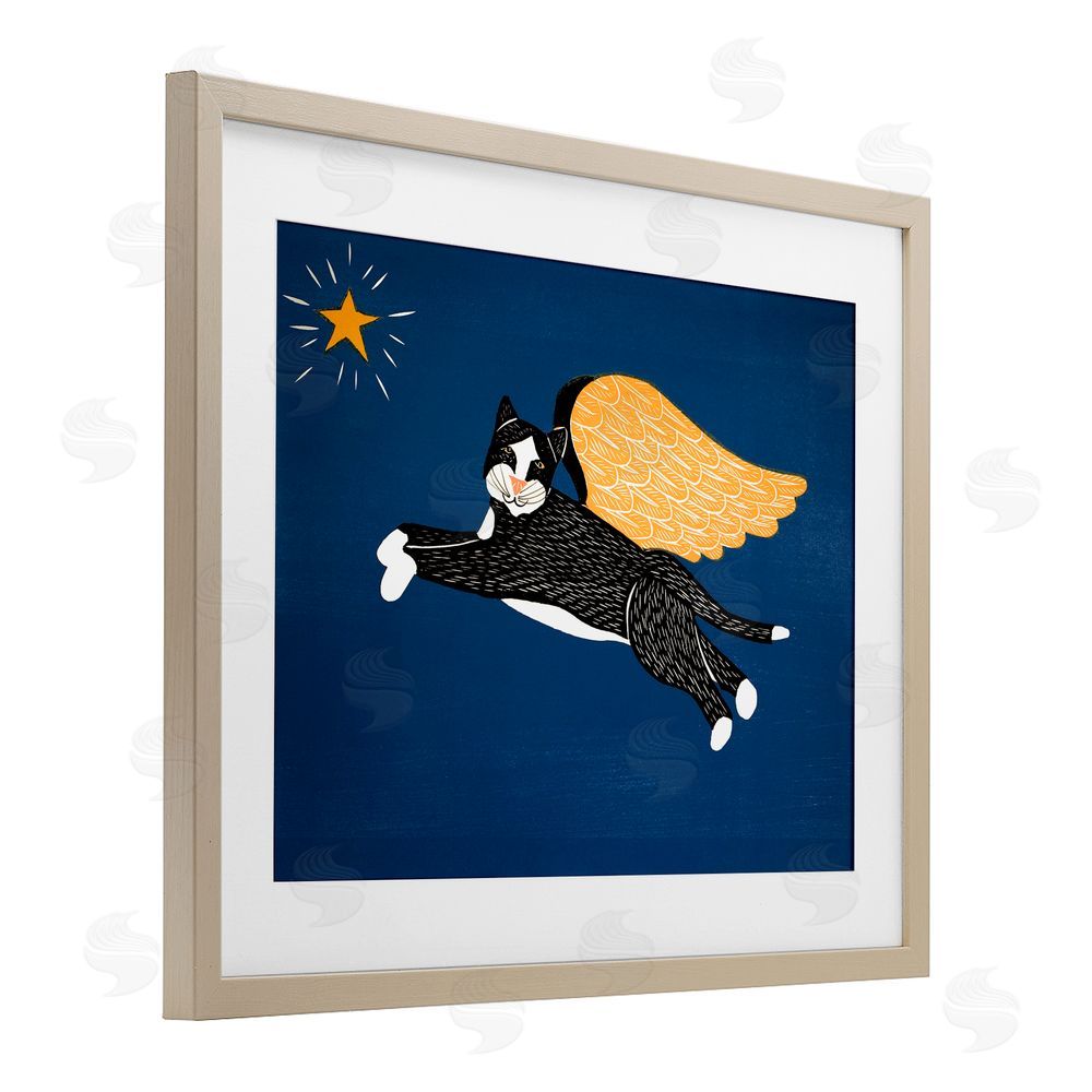 Stephen Huneck Angel Cat with Star Brown Framed Print Under Glass Wall Art