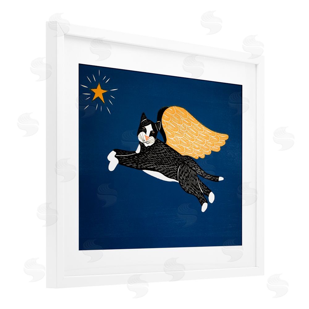 Stephen Huneck Angel Cat with Star White Framed Print Under Glass Wall Art