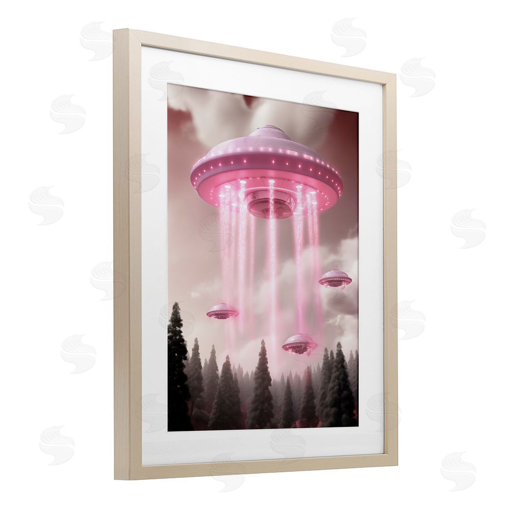 Sasha Glam UFO with Pink Beams Brown Framed Print Under Glass Wall Art