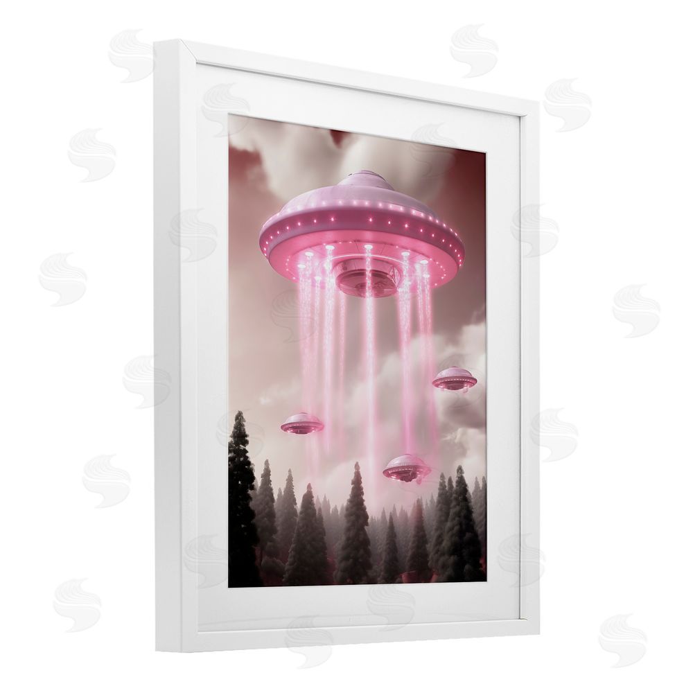 Sasha Glam UFO with Pink Beams White Framed Print Under Glass Wall Art