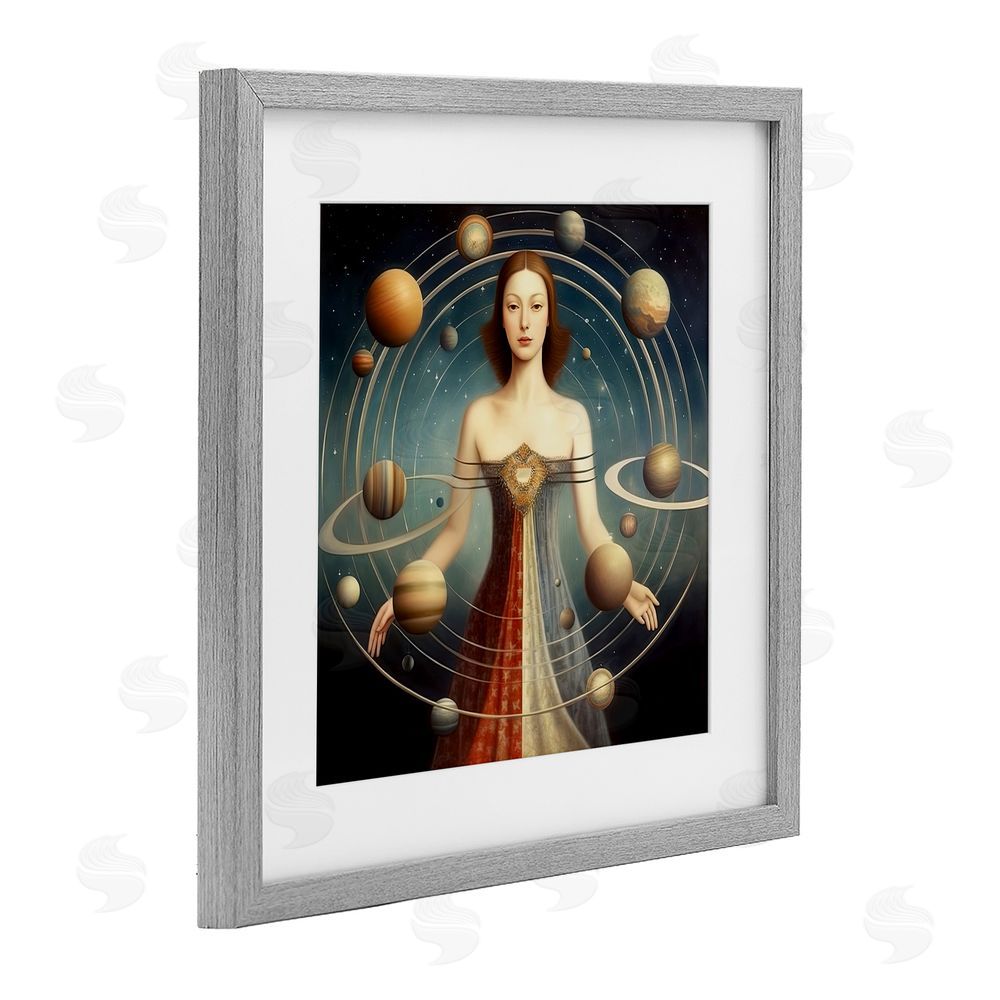 Sasha Galactic Orbits Woman Gray Framed Print Under Glass Wall Art