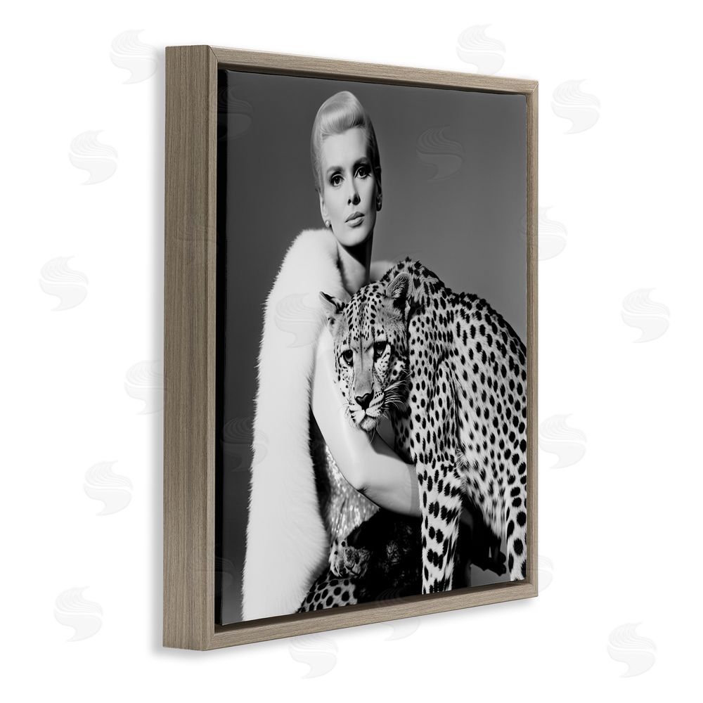 Sasha Cat Woman Cheetah Portrait Brown Floating Frame Canvas Wall Art Print