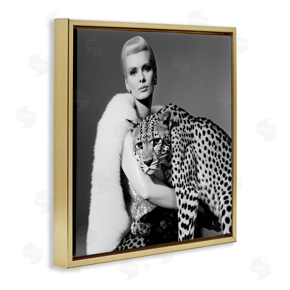 Sasha Cat Woman Cheetah Portrait Gold Floating Frame Canvas Wall Art Print