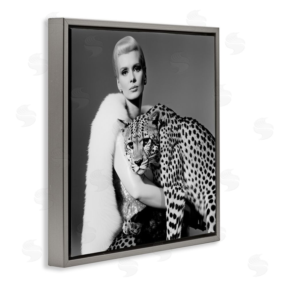 Sasha Cat Woman Cheetah Portrait Gray Floating Frame Canvas Wall Art Print