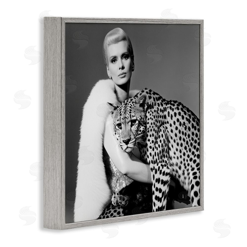 Sasha Cat Woman Cheetah Portrait Gray Framed Giclee Wall Art Print