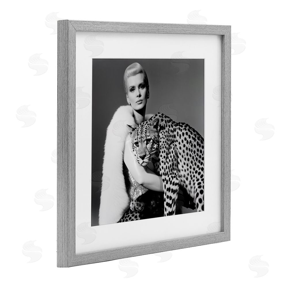 Sasha Cat Woman Cheetah Portrait Gray Framed Print Under Glass with White Mat Wall Art