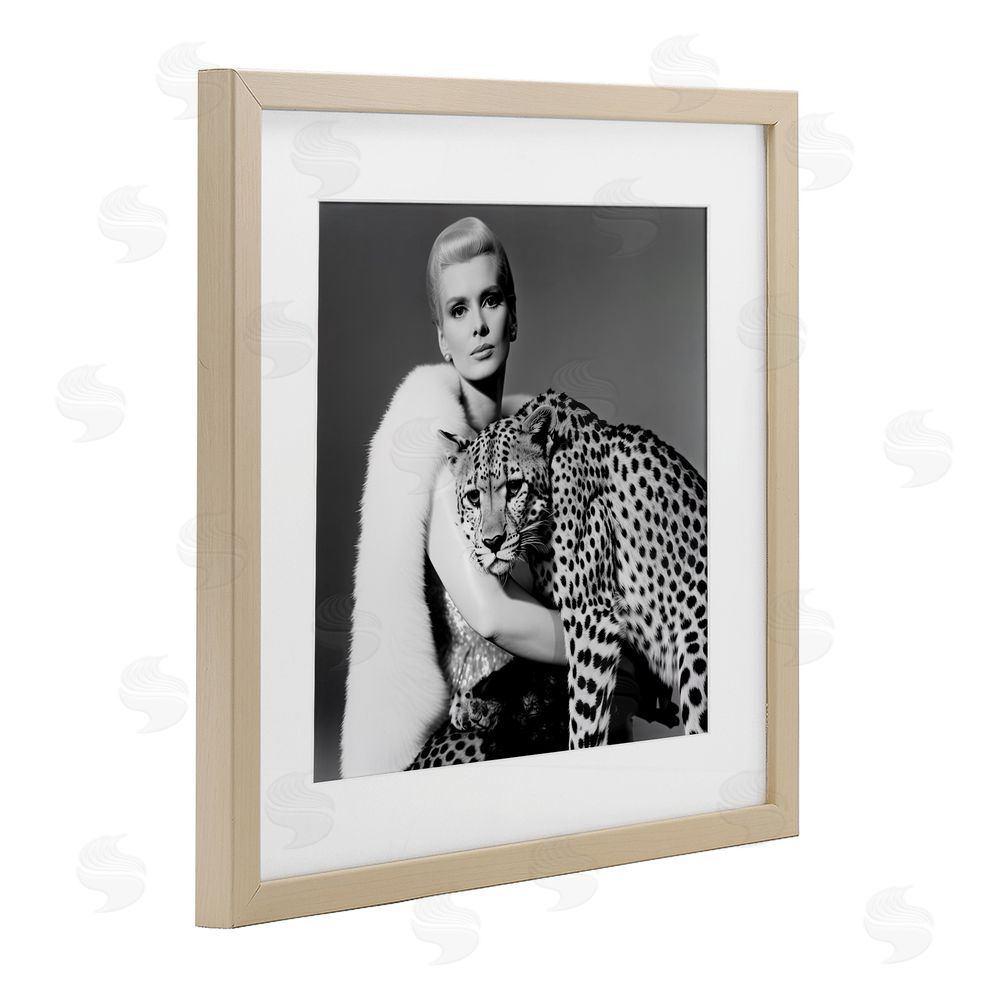 Sasha Cat Woman Cheetah Portrait Birch Framed Print Under Glass with White Mat Wall Art