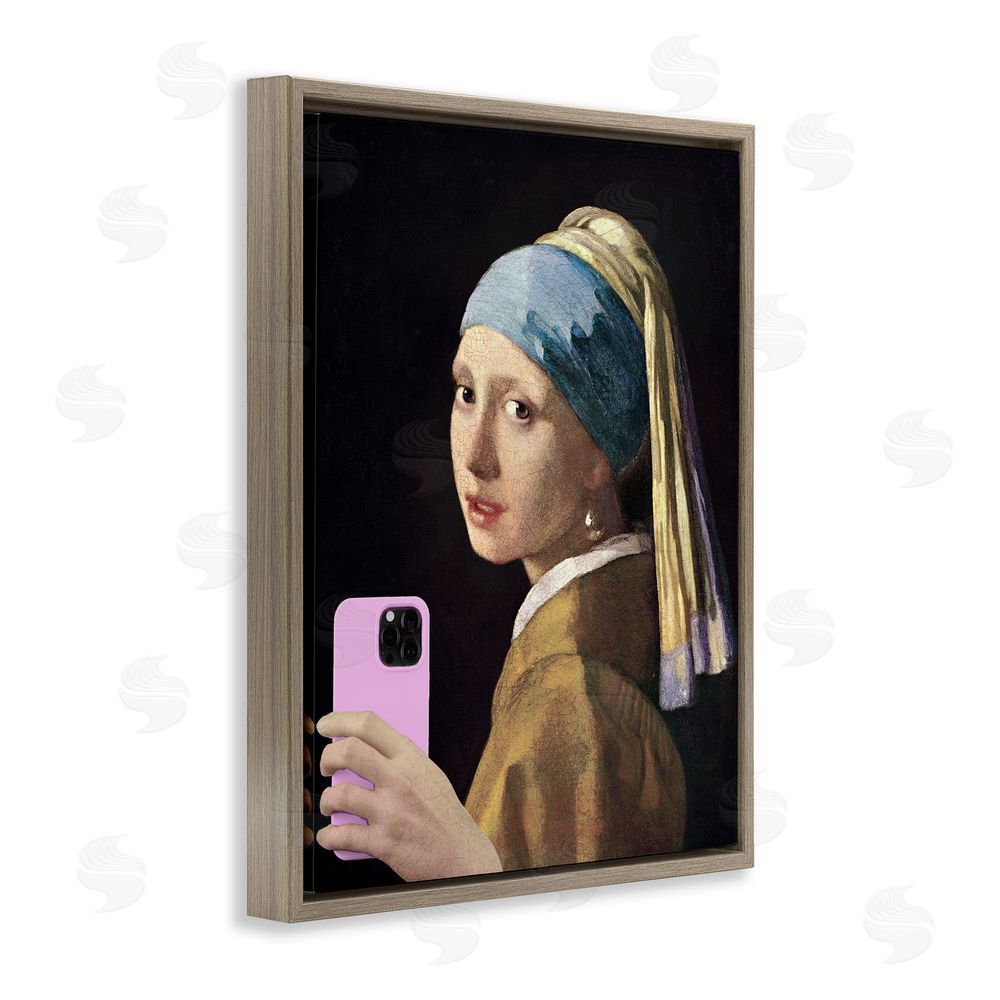 Masters Redux Girl With Pink Phone Funny Brown Floating Frame Canvas Wall Art Print