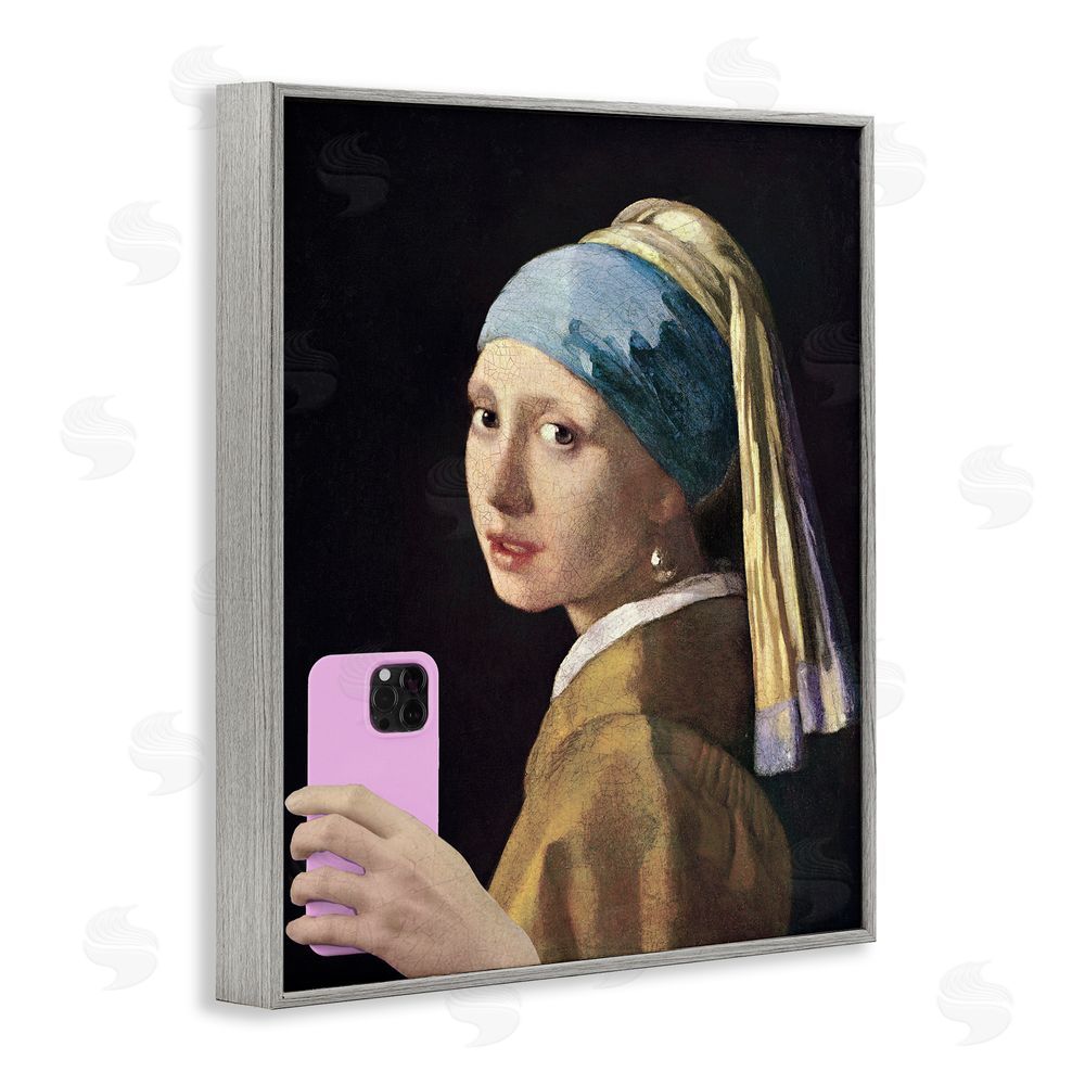 Masters Redux Girl With Pink Phone Funny Gray Framed Giclee Print Wall Art
