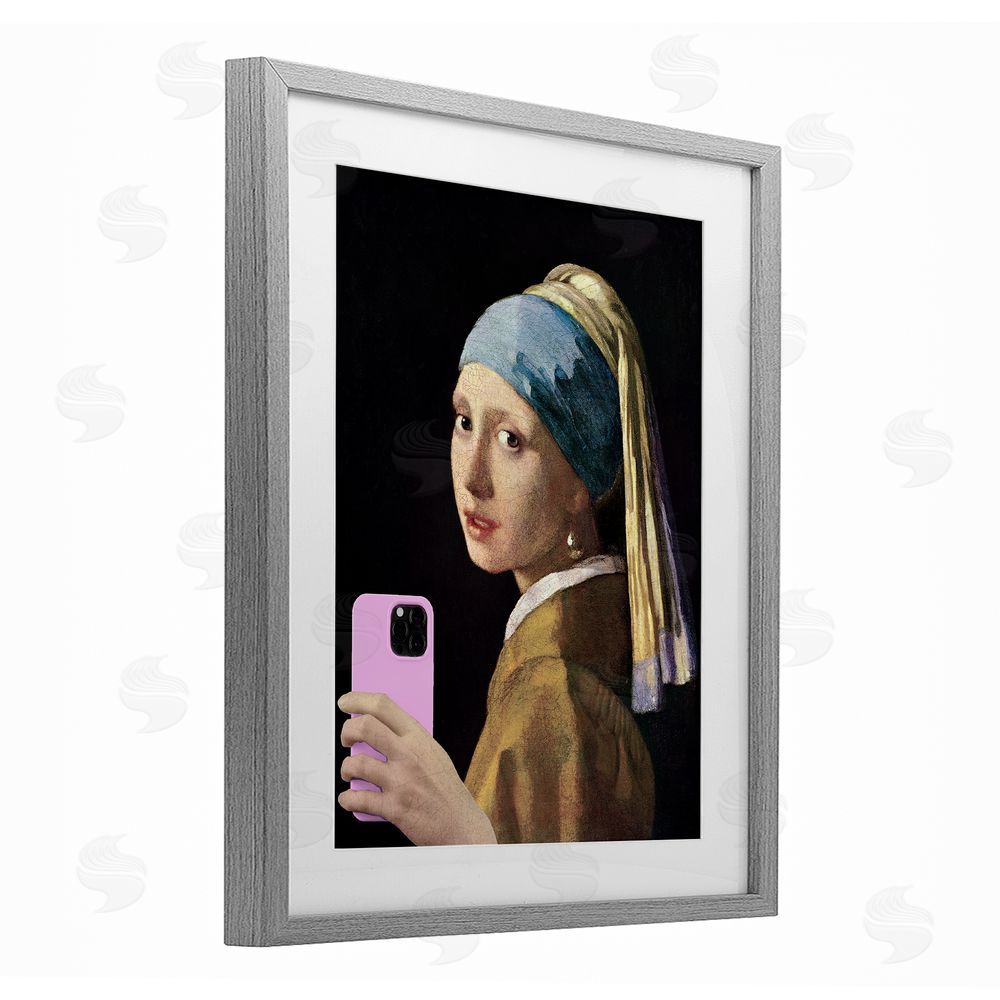 Masters Redux Girl With Pink Phone Funny Gray Framed Print Under Glass Wall Art