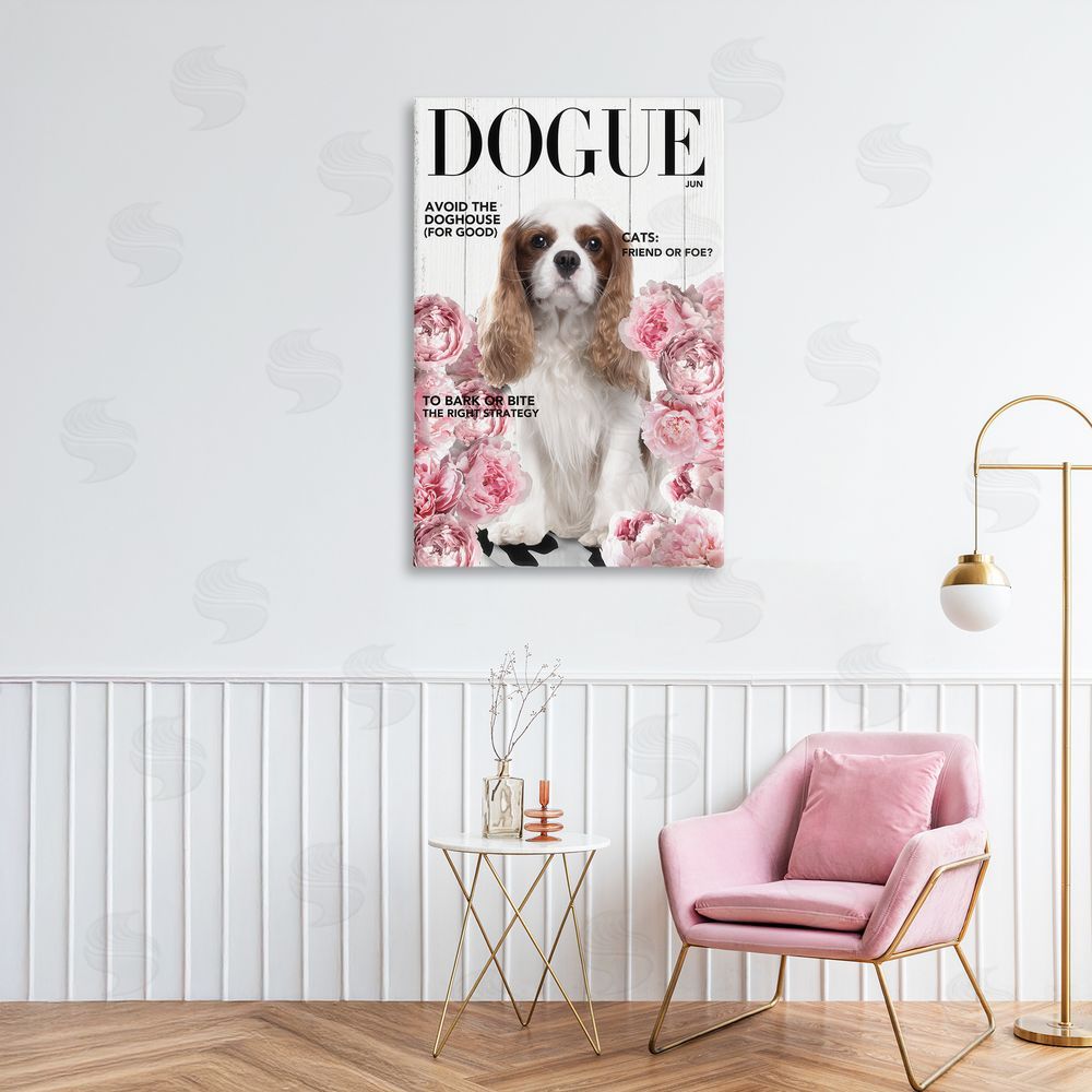 Sasha Funny Floral Dog Magazine Stretched Canvas Wall Art Print in Room