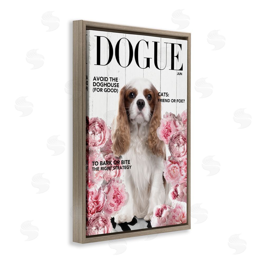 Sasha Funny Floral Dog Magazine Brown Floating Frame Canvas Wall Art Print
