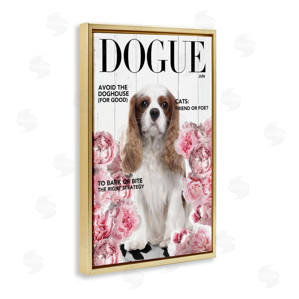 Sasha Funny Floral Dog Magazine Gold Floating Frame Canvas Wall Art Print