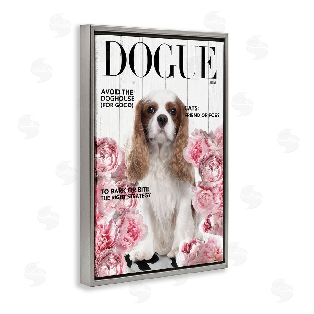 Sasha Funny Floral Dog Magazine Gray Floating Frame Canvas Wall Art Print