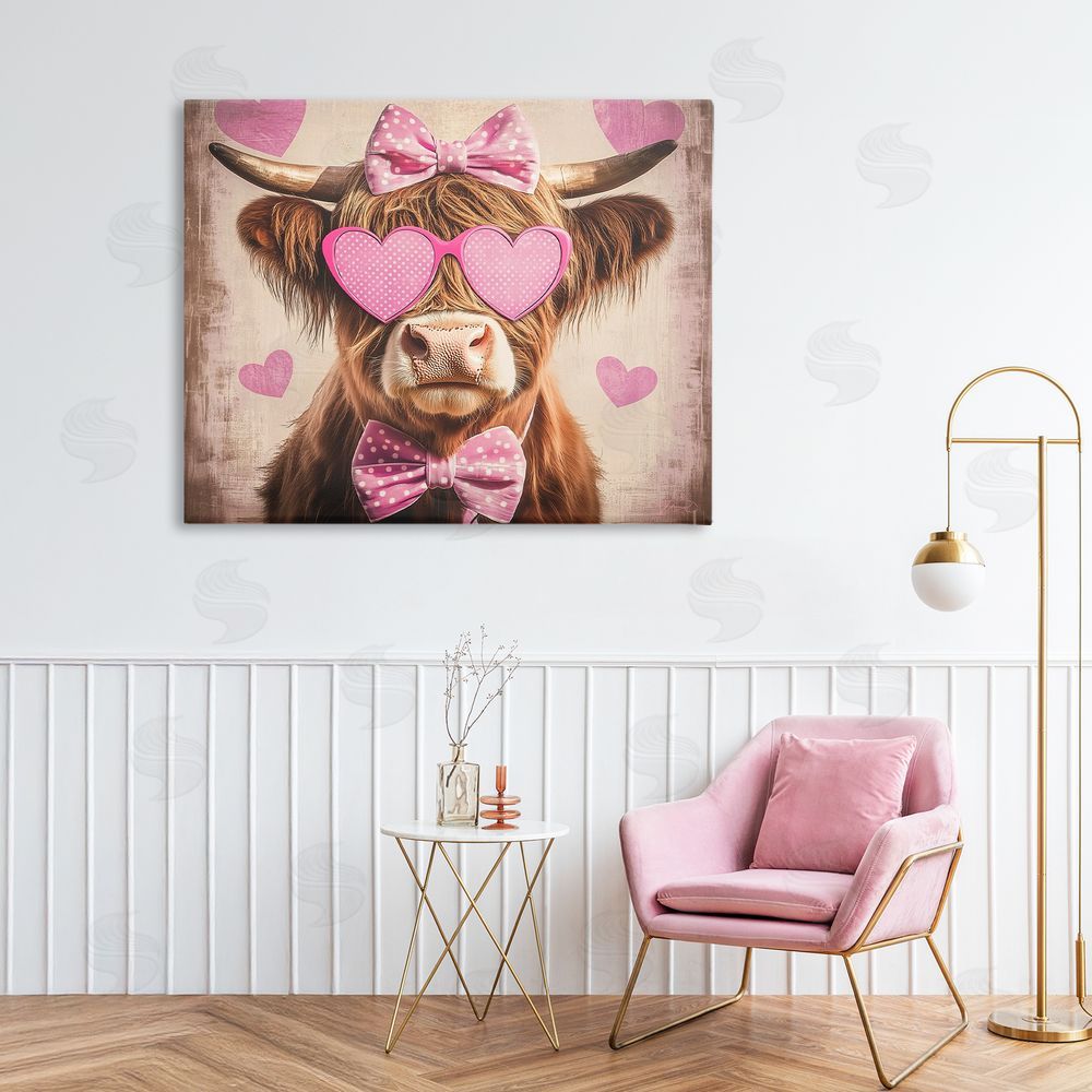 Shawna Stewart Cute Cattle Pink Hearts Stretched Canvas Wall Art Print in Room