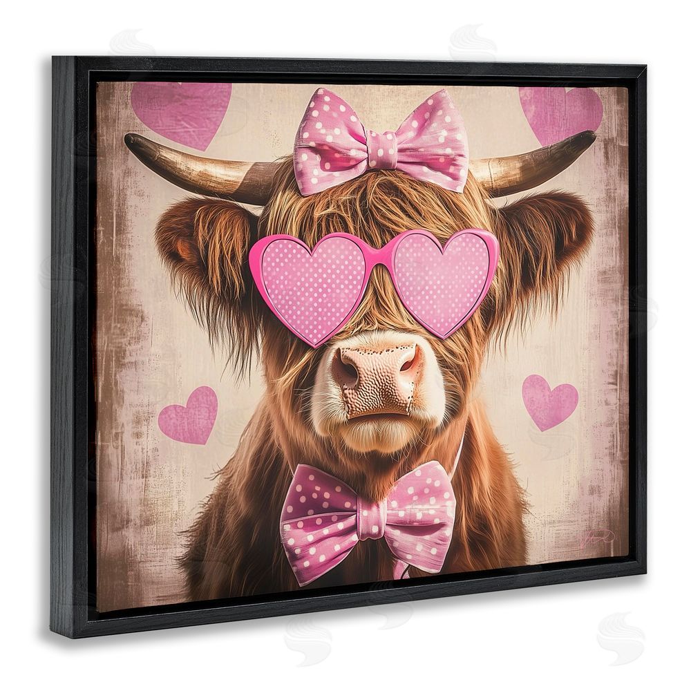 Shawna Stewart Cute Cattle Pink Hearts Black Floating Frame Canvas Wall Art Print