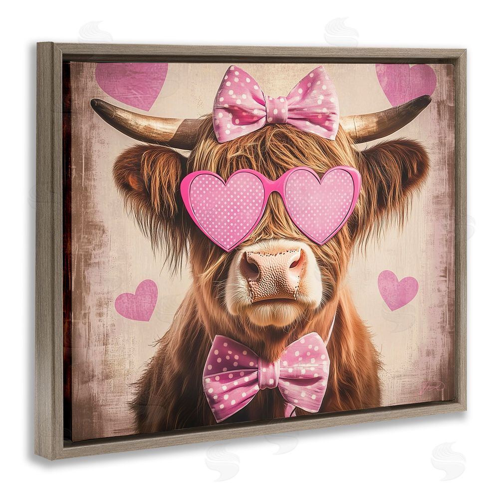 Shawna Stewart Cute Cattle Pink Hearts Brown Floating Frame Canvas Wall Art Print