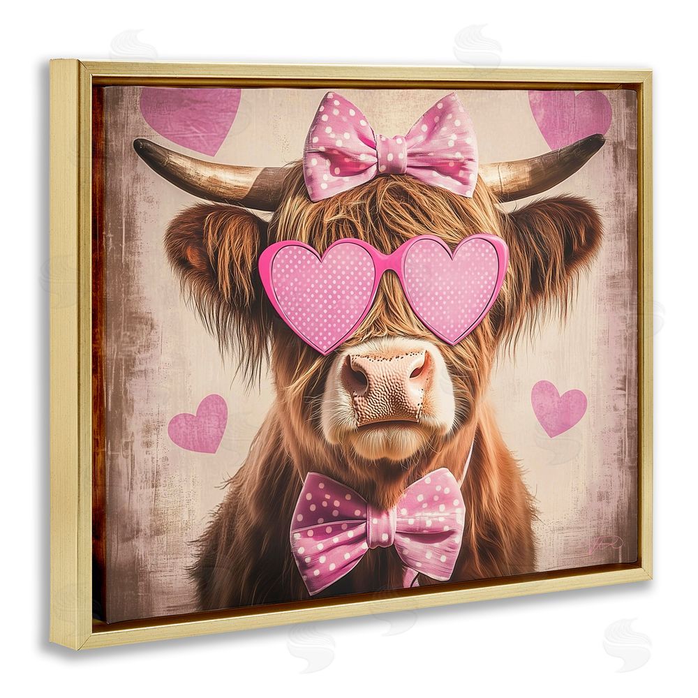 Shawna Stewart Cute Cattle Pink Hearts Gold Floating Frame Canvas Wall Art Print