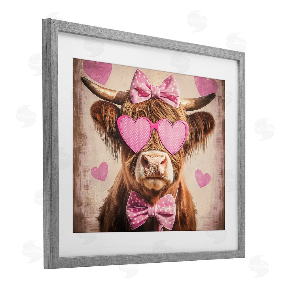 Shawna Stewart Cute Cattle Pink Hearts Gray Framed Print Under Glass Wall Art