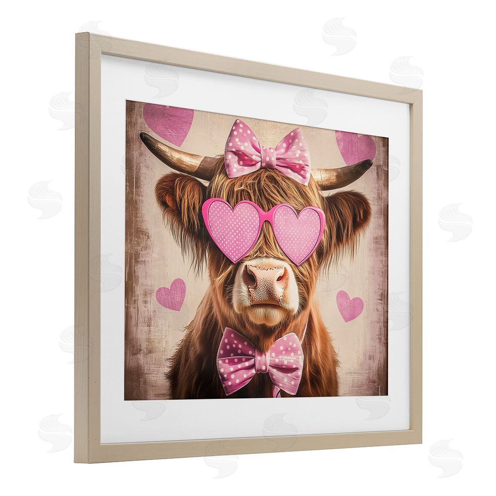 Shawna Stewart Cute Cattle Pink Hearts Brown Framed Print Under Glass Wall Art