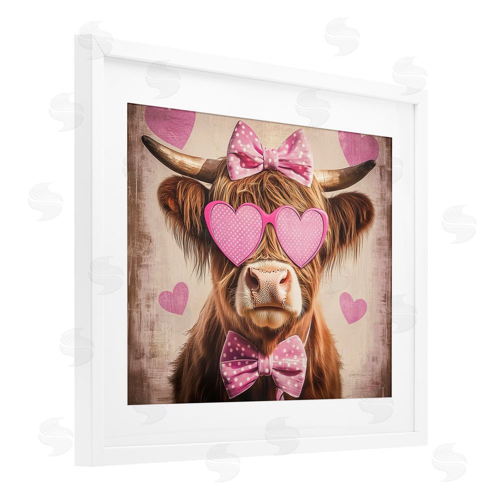 Shawna Stewart Cute Cattle Pink Hearts White Framed Print Under Glass Wall Art